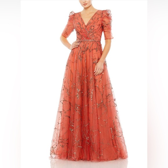 Mac Duggal puff sleeve faux wrap Elegant Coral Evening Gown with Sequin size 2 - Picture 1 of 14